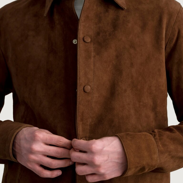 Mens Haven Brown Suede Leather Shirt Close-Up-9-1724081346761